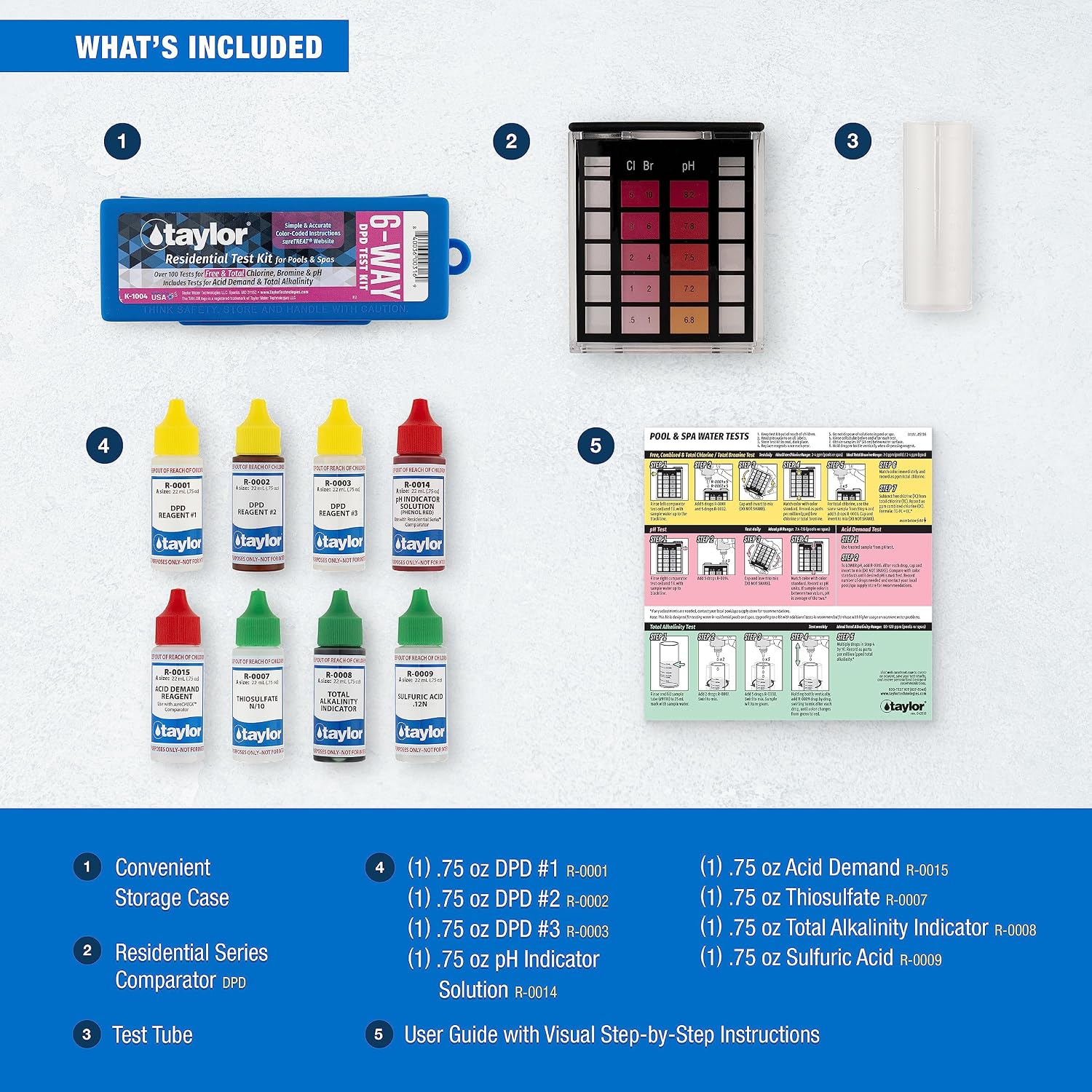 Taylor Technologies K-1004 DPD, 6-in-1 Pool Test Kit | Tests Free & Total Chlorine, Bromine, pH, Acid Demand &