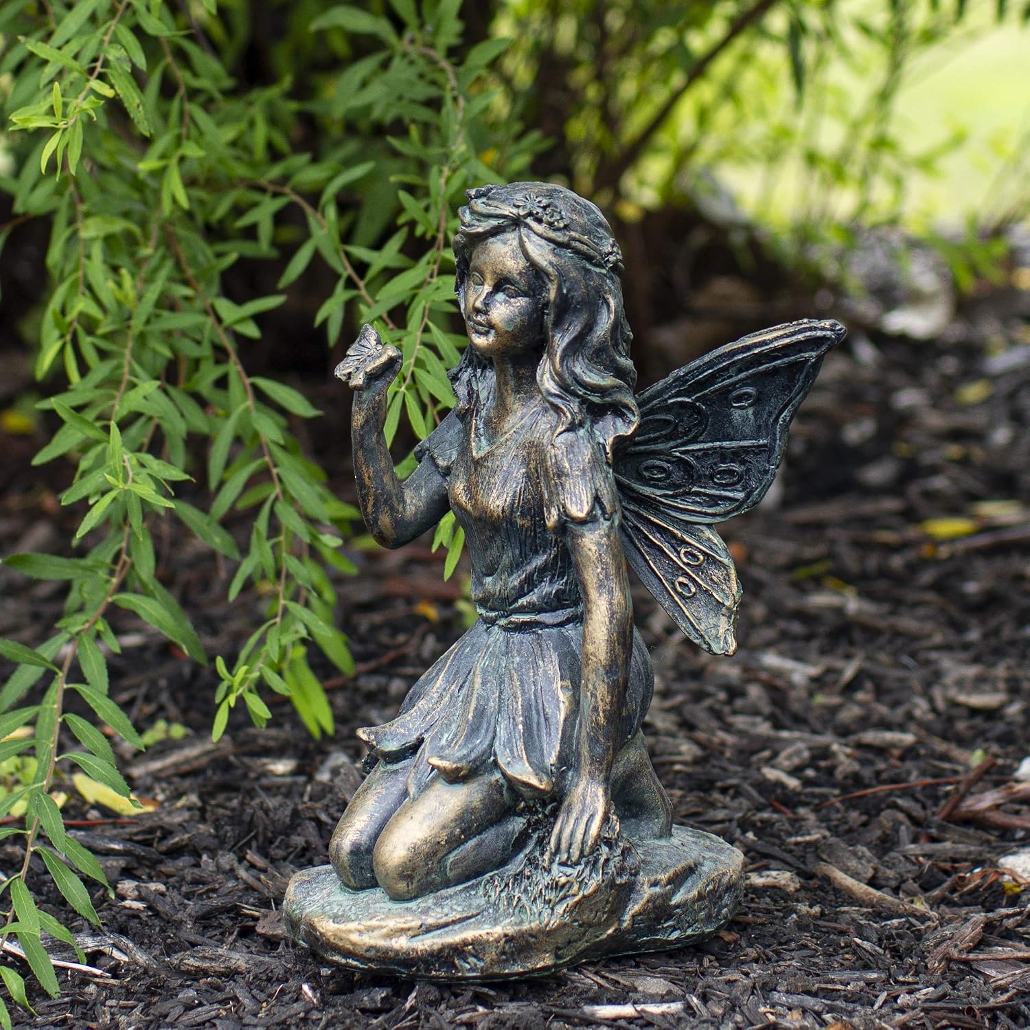 Northlight 2 Bronze Kneeling Fairies Flowers Butterfly Garden Statues 7"