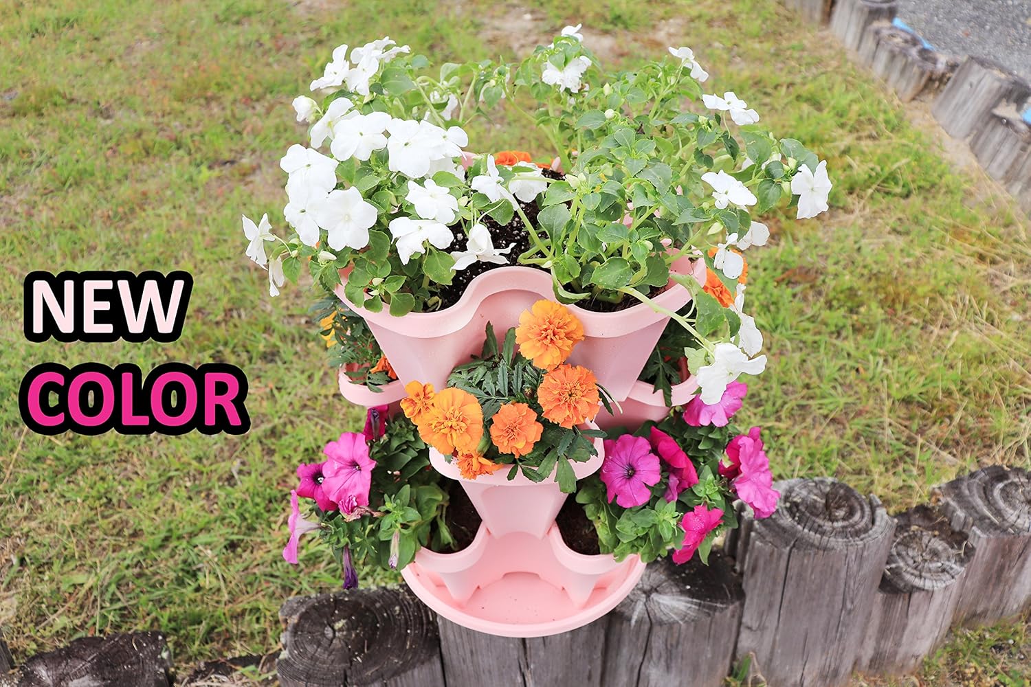 Mr. Stacky 5-Tier Pink Strawberry and Herb Garden Planter - Stackable Gardening Pots with 10 Inch Saucer