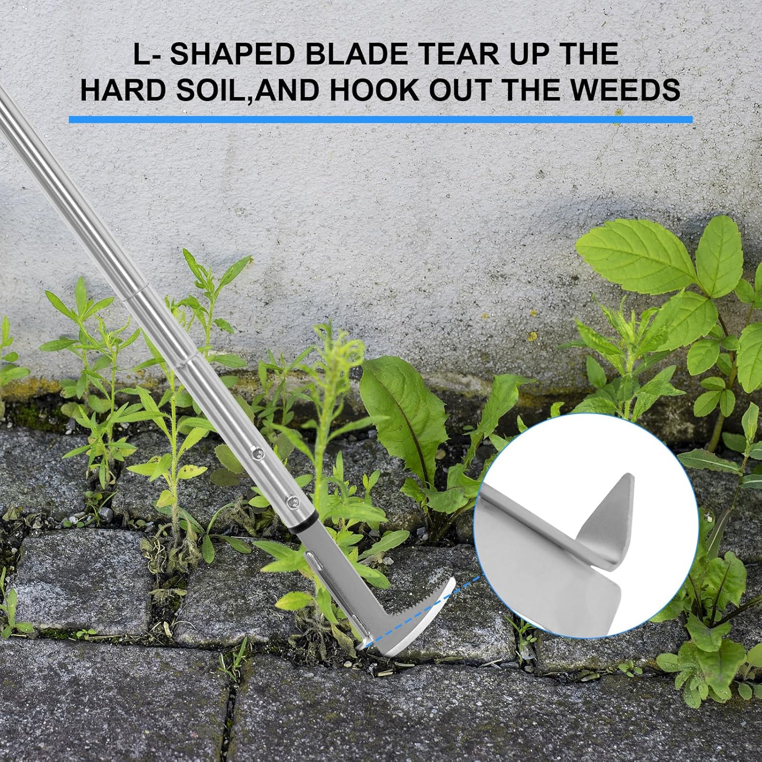 BARAYSTUS Crack Weeder, Stainless Steel Manual Crevice Weeding Tool, Long Handle Weed Grabber Remover, L-Shaped Manual