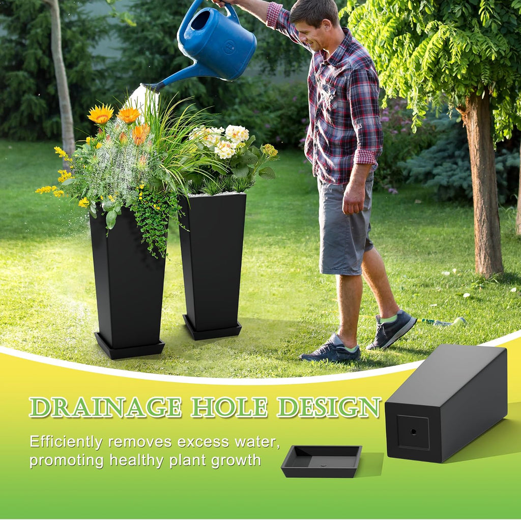 TUYOHW 24-Inch Tall Planters for Outdoor Plants, Set of 2, Black | Square tapered plastic planters with drainage trays