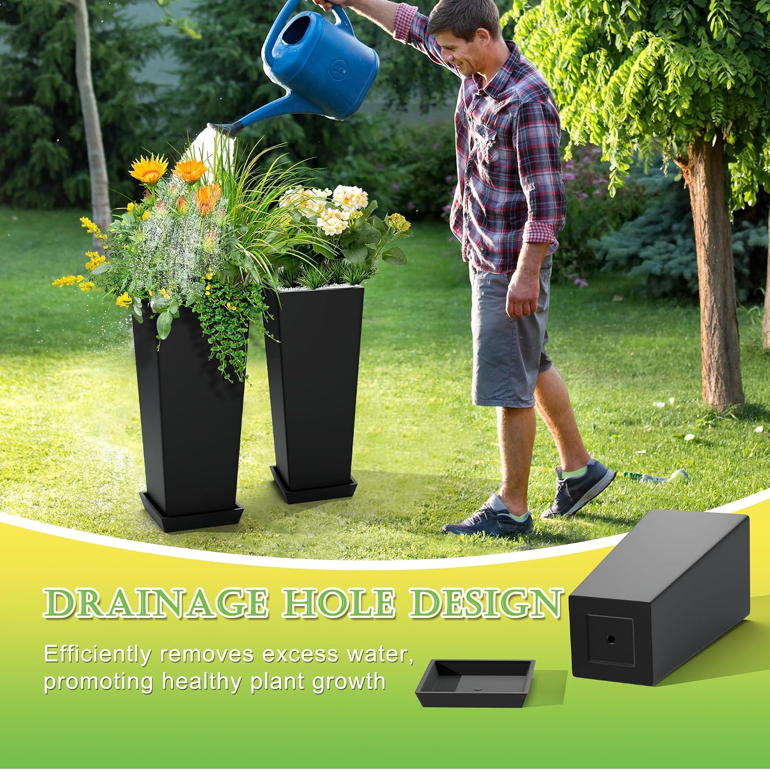 TUYOHW 24-Inch Tall Planters for Outdoor Plants, Set of 2, Black | Square tapered plastic planters with drainage trays