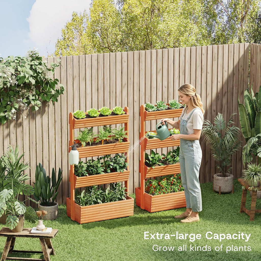 kiplant Adjustable Angle 4-Tiered Wooden Raised Garden Bed, Freestanding Vertical Planter Rack, Plant Box for Herbs