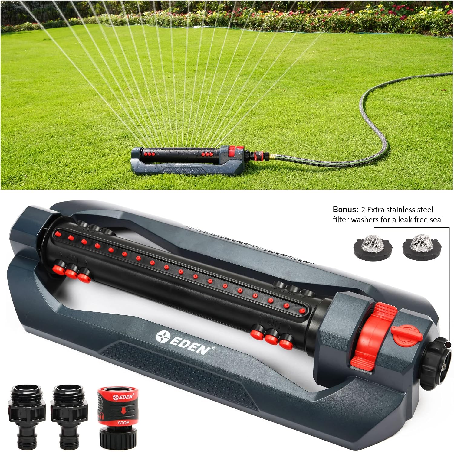 Eden 96212 Turbo Oscillating Sprinkler | Covers Up to 4,400 sq. ft., 18 Precision Nozzles, Adjustable Range, Flow