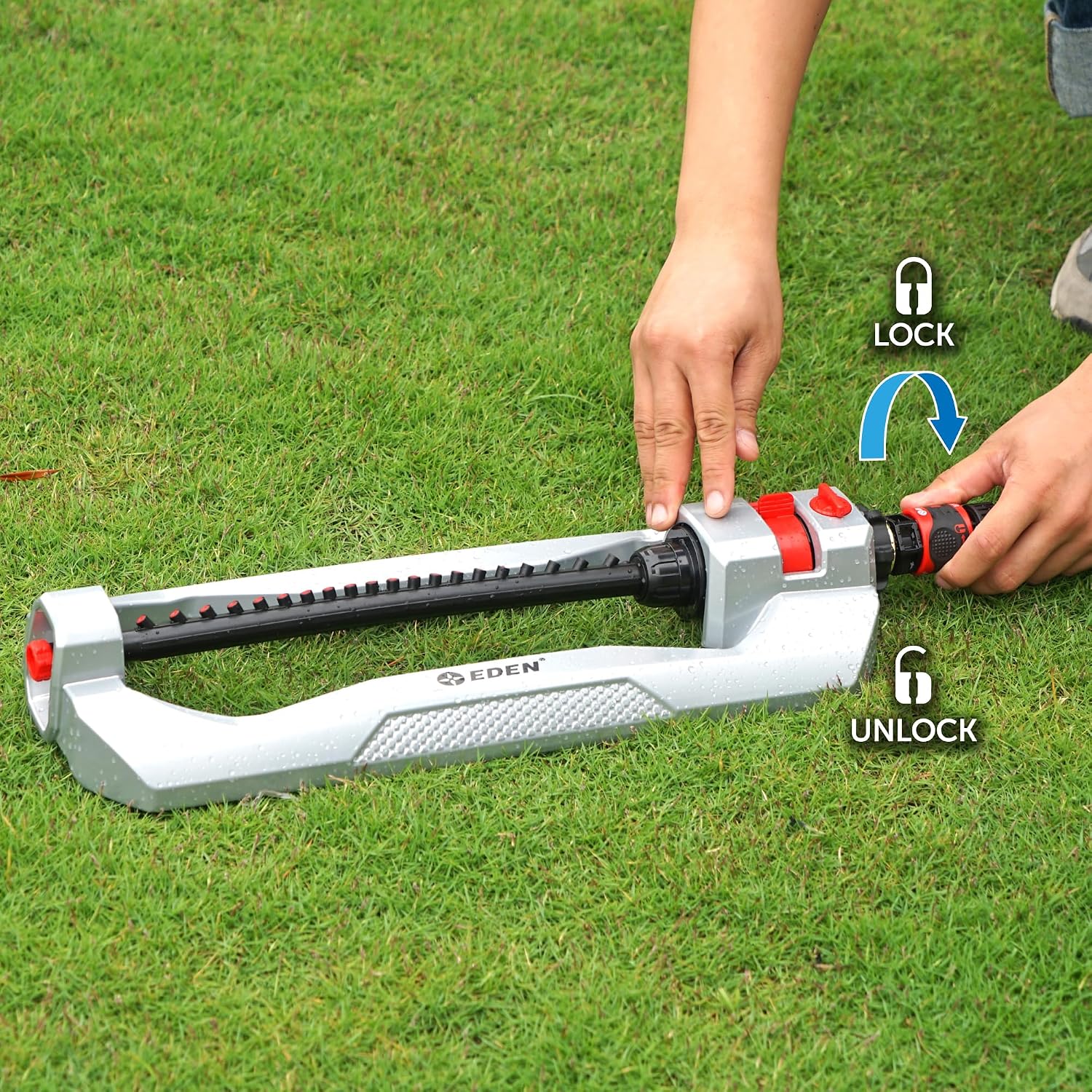Eden 94111 Heavy Duty Metal Oscillating Sprinkler, Covers Up to 3,328 sq. ft., 20 Precision Nozzles, Flow Control