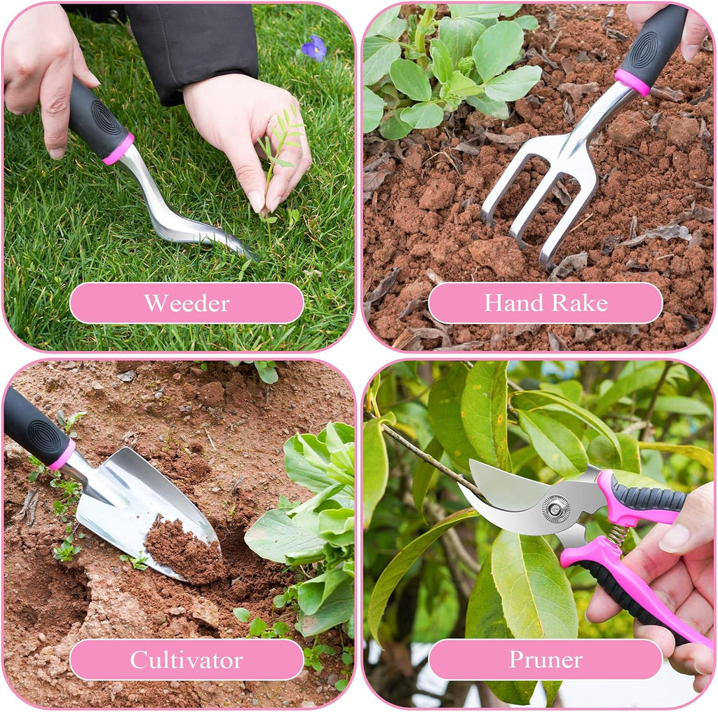Pink Garden Tool Set Gardening Items for Women - 24PCS Heavy Duty Garden Tools with Detachable Storage Bag, Succulent