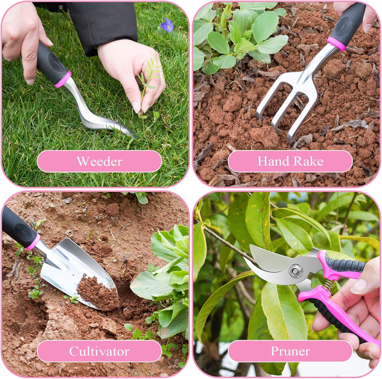 Pink Garden Tool Set Gardening Items for Women - 24PCS Heavy Duty Garden Tools with Detachable Storage Bag, Succulent