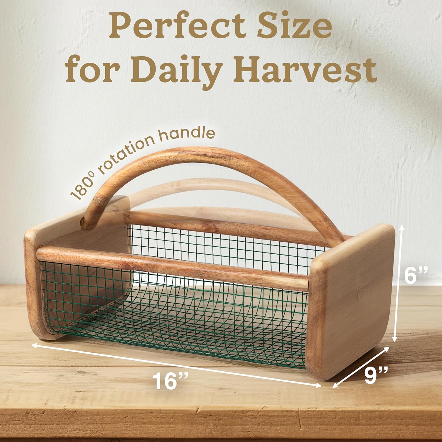 HOMESTEAD Garden Hod Harvest, Durable Acacia Wood Frame with Rotating Handle Basket, Farmhouse Basket for Home