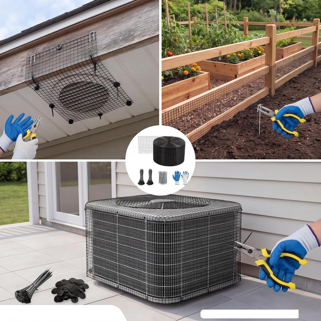 6in x 50ft Solar Panel Bird Guard & Critter Guard Mesh Kit, PVC Coated Wire Mesh Bird Wire with 60 Clips, 100 Cable