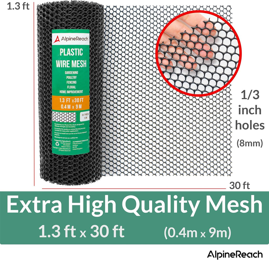 AlpineReach Plastic Chicken Wire Fencing Mesh 1.3ft x 30ft Roll with Zip Ties - Ideal for Poultry, Dogs, Rabbit Barrier