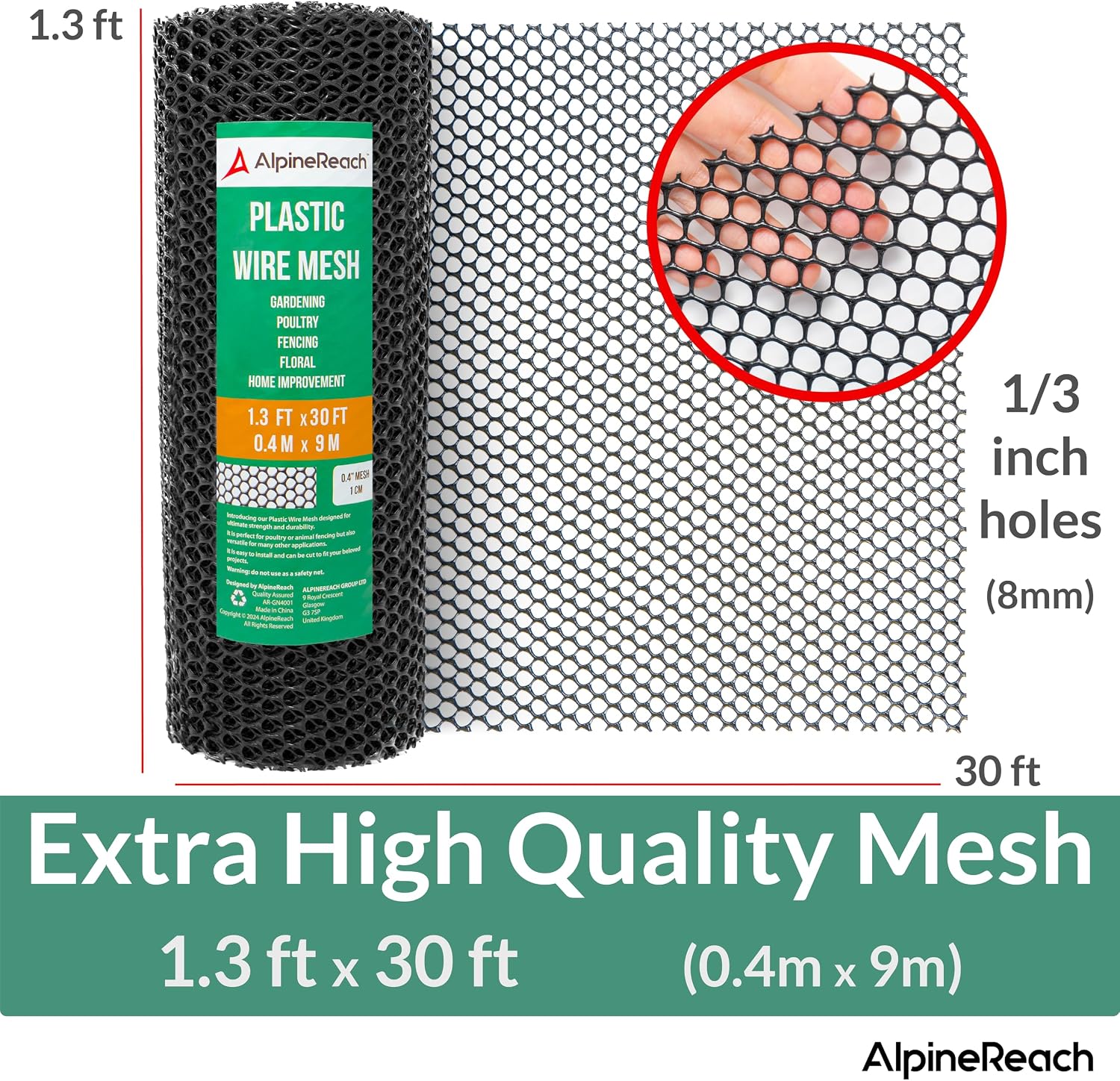 AlpineReach Plastic Chicken Wire Fencing Mesh 1.3ft x 30ft Roll with Zip Ties - Ideal for Poultry, Dogs, Rabbit Barrier