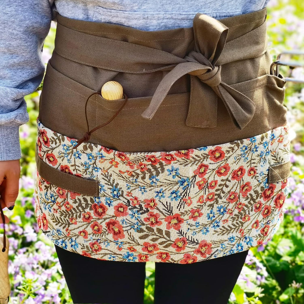 Gardening Apron Women, Half Floral Serve Garden Apron with 8 Pockets | Cute Florist Waitress Canvas Apron for Kitchen