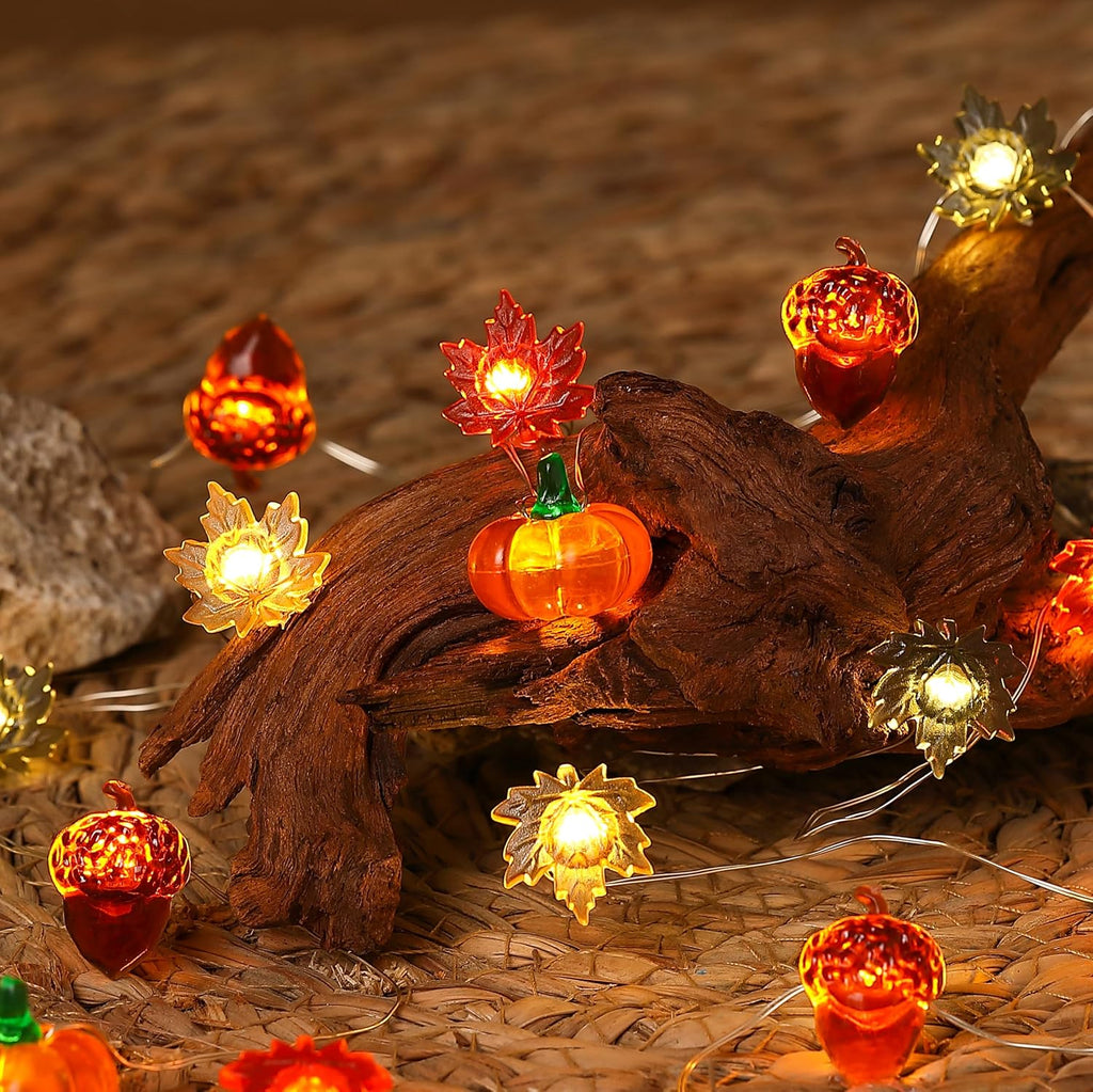 Fall Decor Lights 10Ft 30 LEDs Thanksgiving Decoration Battery Operated Acorn 3D Pumpkin Maple Leaf String Lights Fall Lights for Home Autumn Garland Harvest Halloween Party Christmas