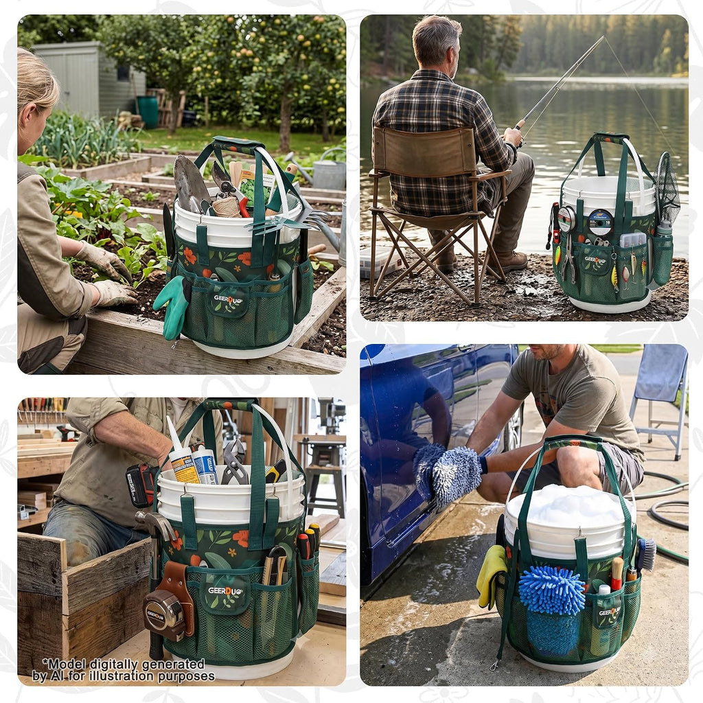 Bucket Tool Organizer - Multi-Purpose Garden Tool Caddy Fits 3.5 to 5 Gallon Buckets - Heavy Duty 600D Tool Bag Pouch