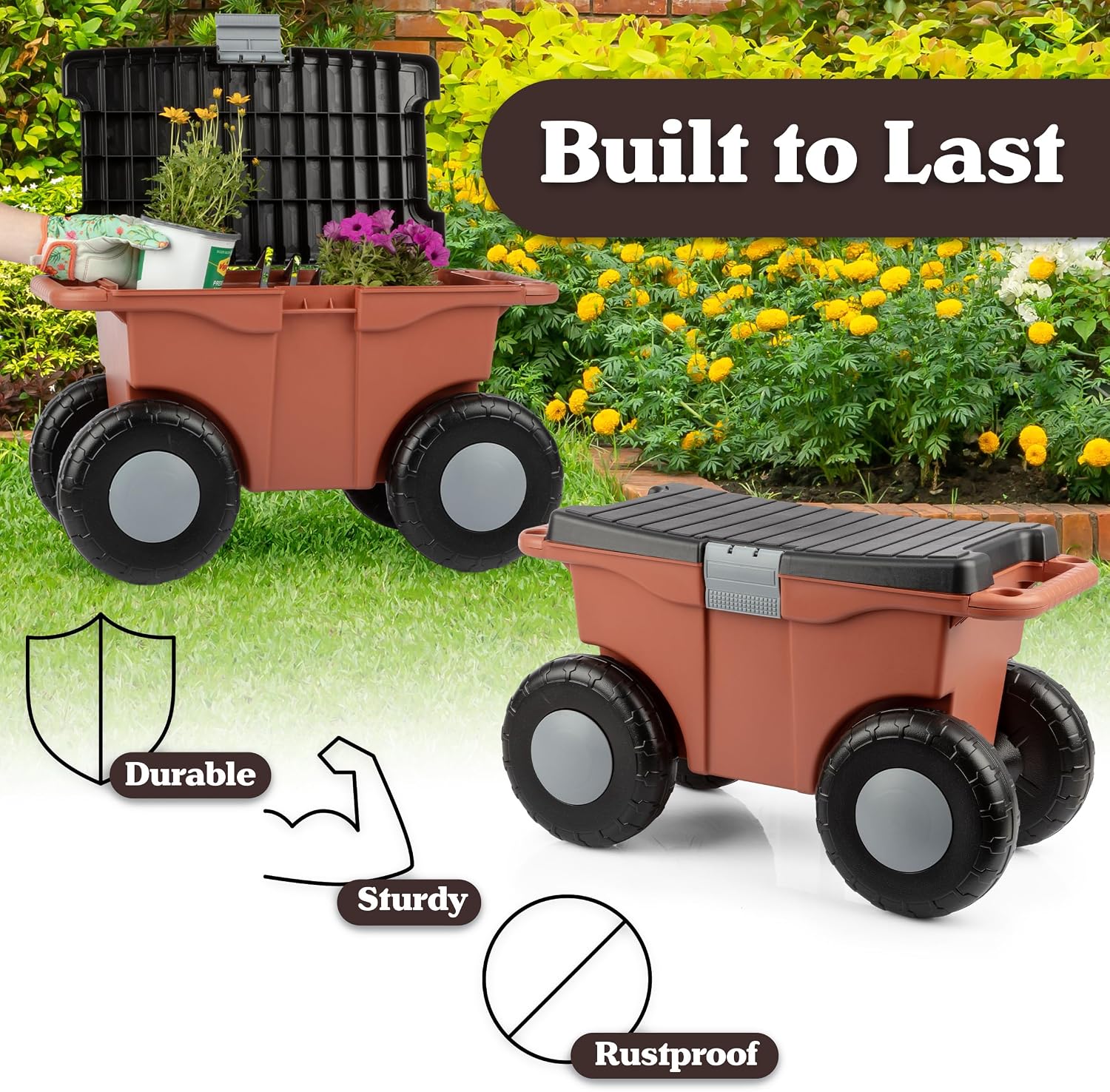 Pure Garden Rolling Garden Cart with Seat, Terracotta | Plastic Garden Bench with Tool Tray for Storage - Gardening