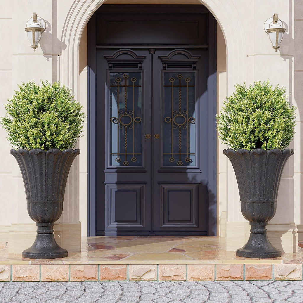 24" Tall Urn Planters Set of 2, Black Outdoor Planter for Porch | HDPE Resin Weather-Resistant Large Planters with