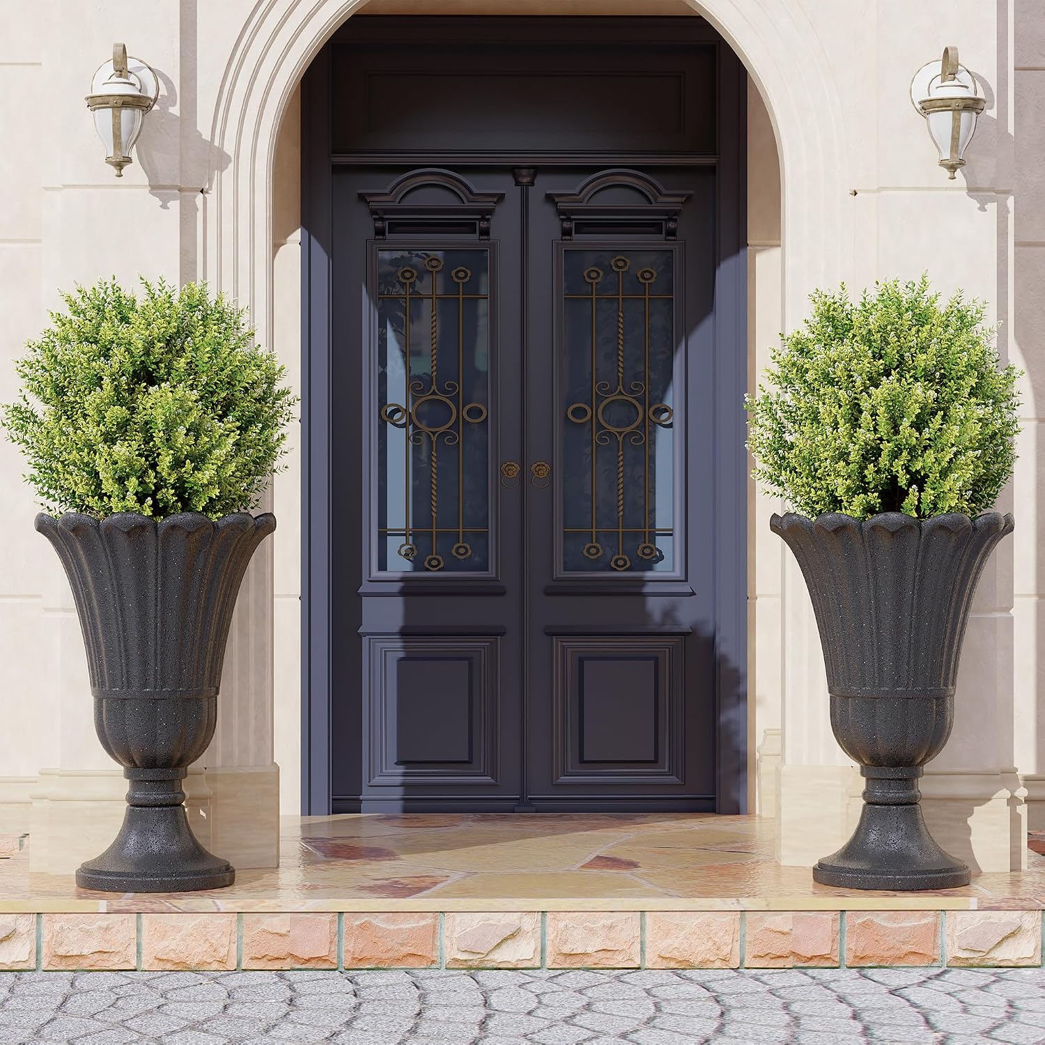 24" Tall Urn Planters Set of 2, Black Outdoor Planter for Porch | HDPE Resin Weather-Resistant Large Planters with