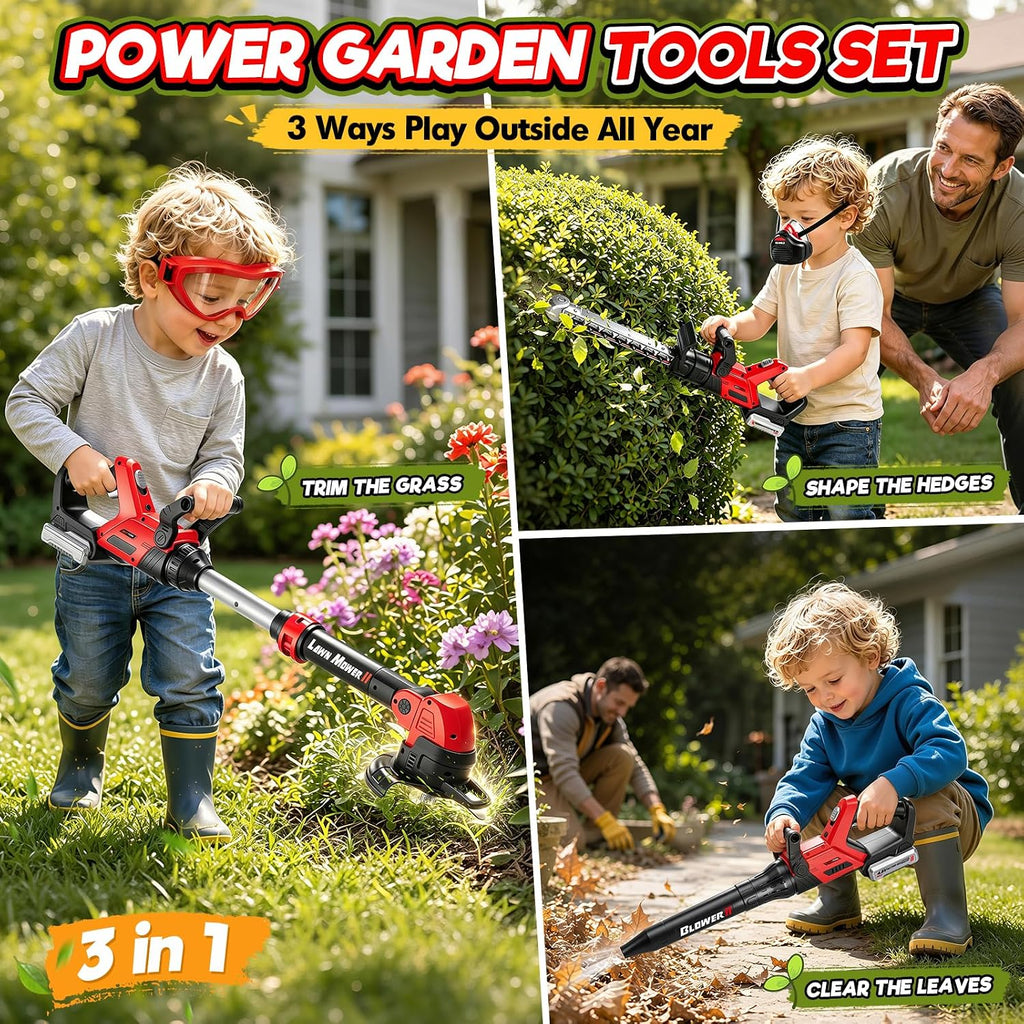 Kids Tool Set, 3-in-1 Toy Leaf Blower, Weed Wacker & Hedge Trimmer | Toddler Garden Tool Set with Sounds Lights