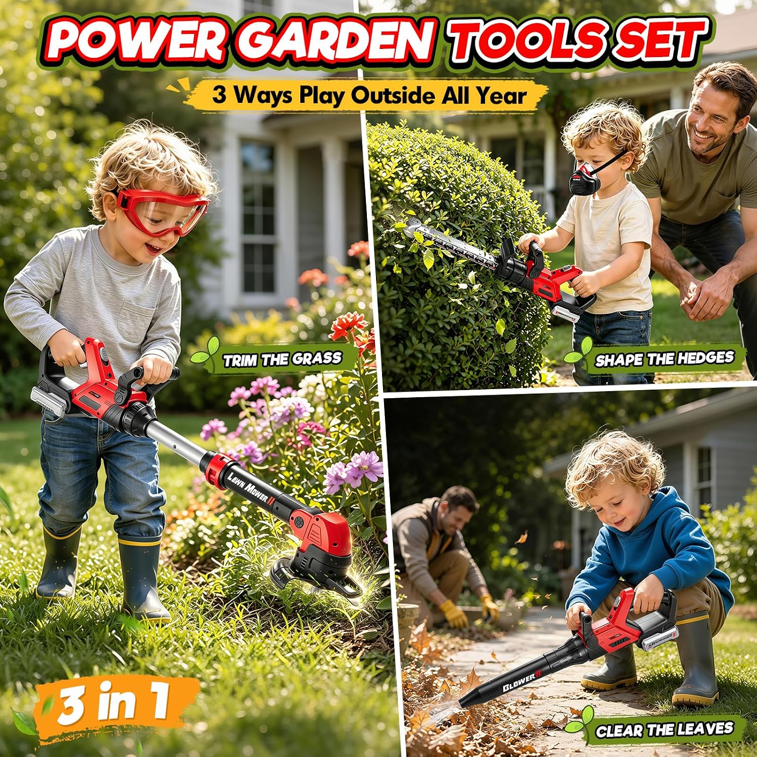 Kids Tool Set, 3-in-1 Toy Leaf Blower, Weed Wacker & Hedge Trimmer | Toddler Garden Tool Set with Sounds Lights