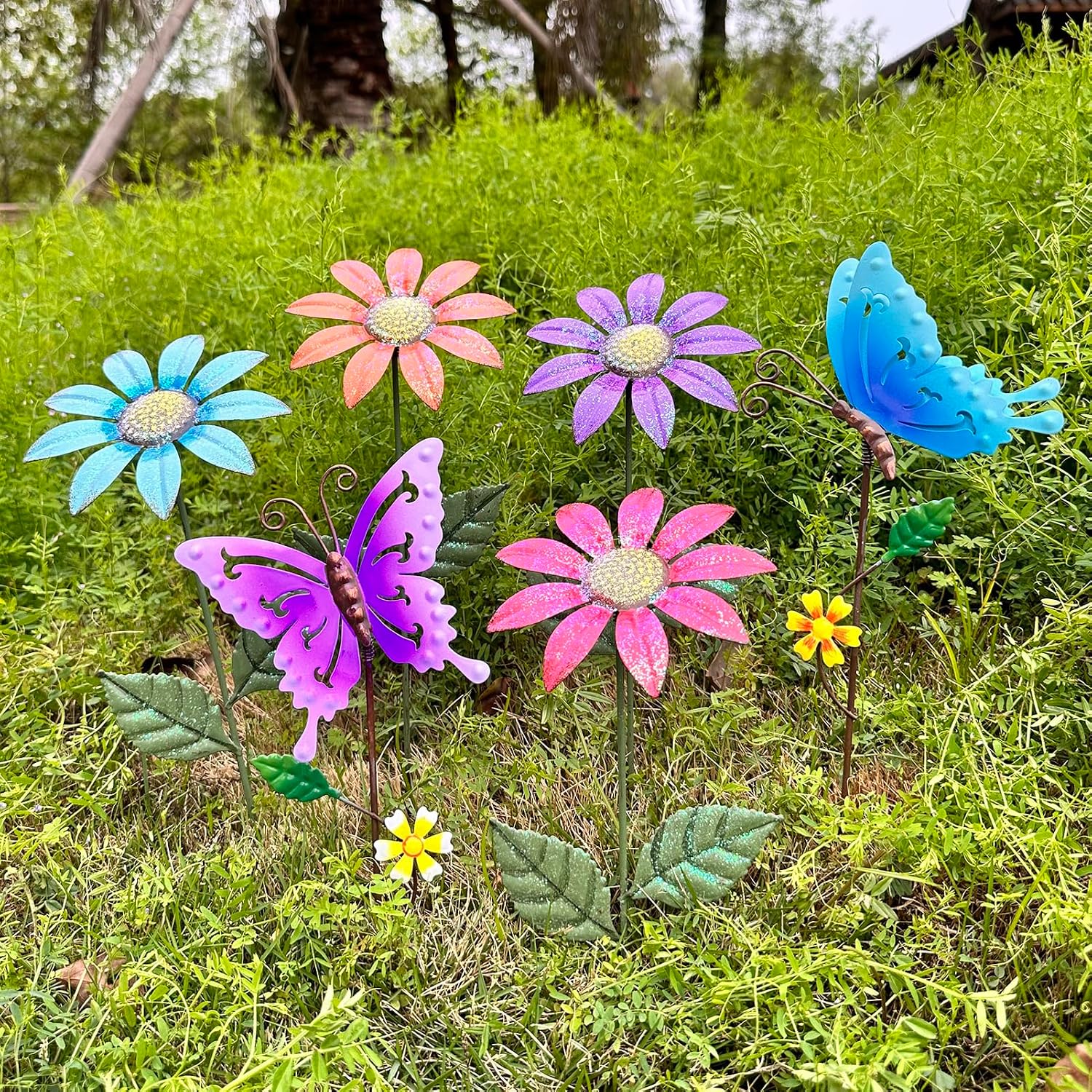 6Pack Metal Flowers for Outside，16.15" Decorative Garden Stakes | Metal Flowers &Butterfly Stakes For Spring Decor