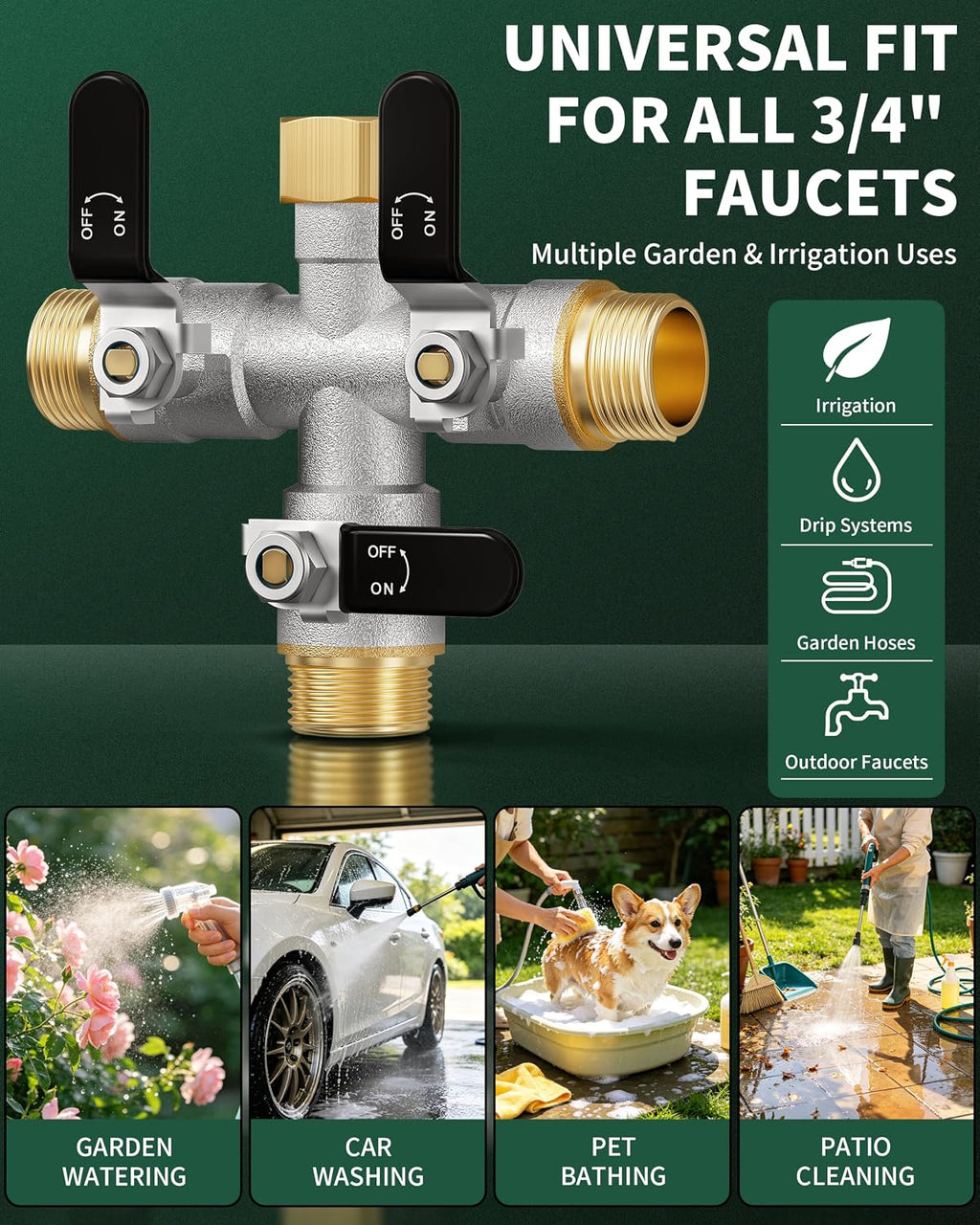 3 Way Hose Splitter, Heavy Duty Brass Garden Water Hose Splitter | Full Flow Design, Rust-Resistant Nickel-Plated
