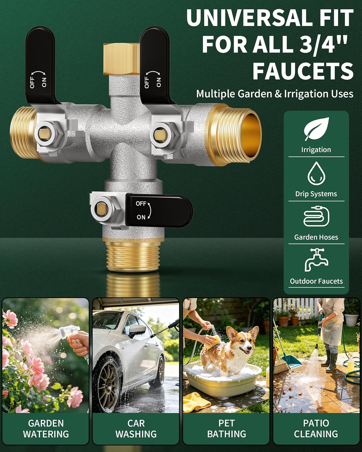 3 Way Hose Splitter, Heavy Duty Brass Garden Water Hose Splitter | Full Flow Design, Rust-Resistant Nickel-Plated