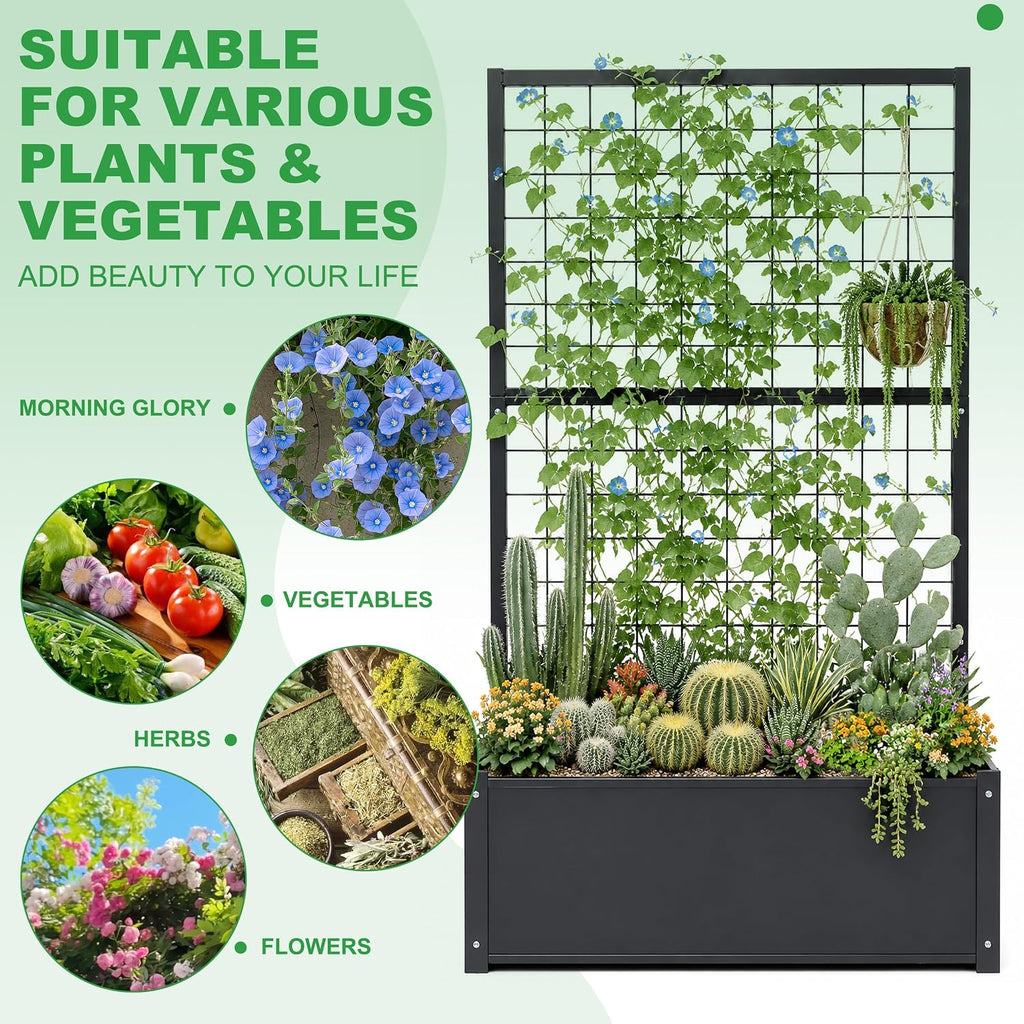 Garden Bed with Trellis Outdoor, Metal, 59in Tall | Metal Frame, 59in Tall Trellis for Climbing Plants, 12in Deep