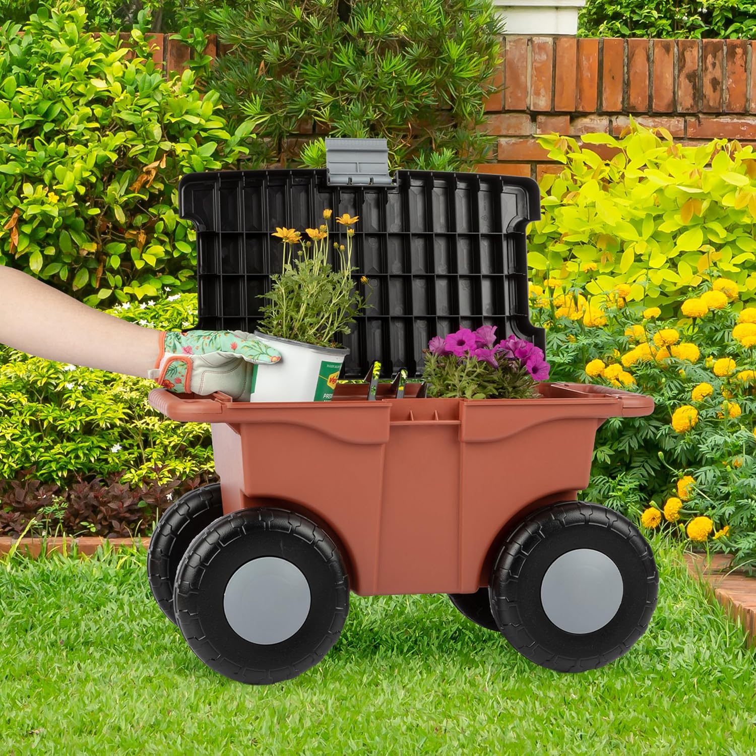 Pure Garden Rolling Garden Cart with Seat, Terracotta | Plastic Garden Bench with Tool Tray for Storage - Gardening