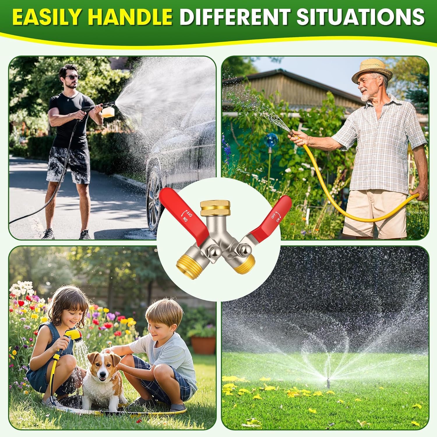 Hose Splitter 2 Way, High Flow Garden Hose Splitter, 3/4” Ght Inlet Brass Heavy Duty Hose Converter, Full Flow water 2