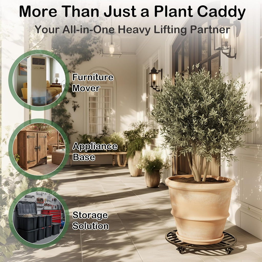 22" Round Metal Plant Caddy with Wheels Heavy Duty, 600lbs Capacity Rust-Proof Plant Stand with Lockable Caster Wheels