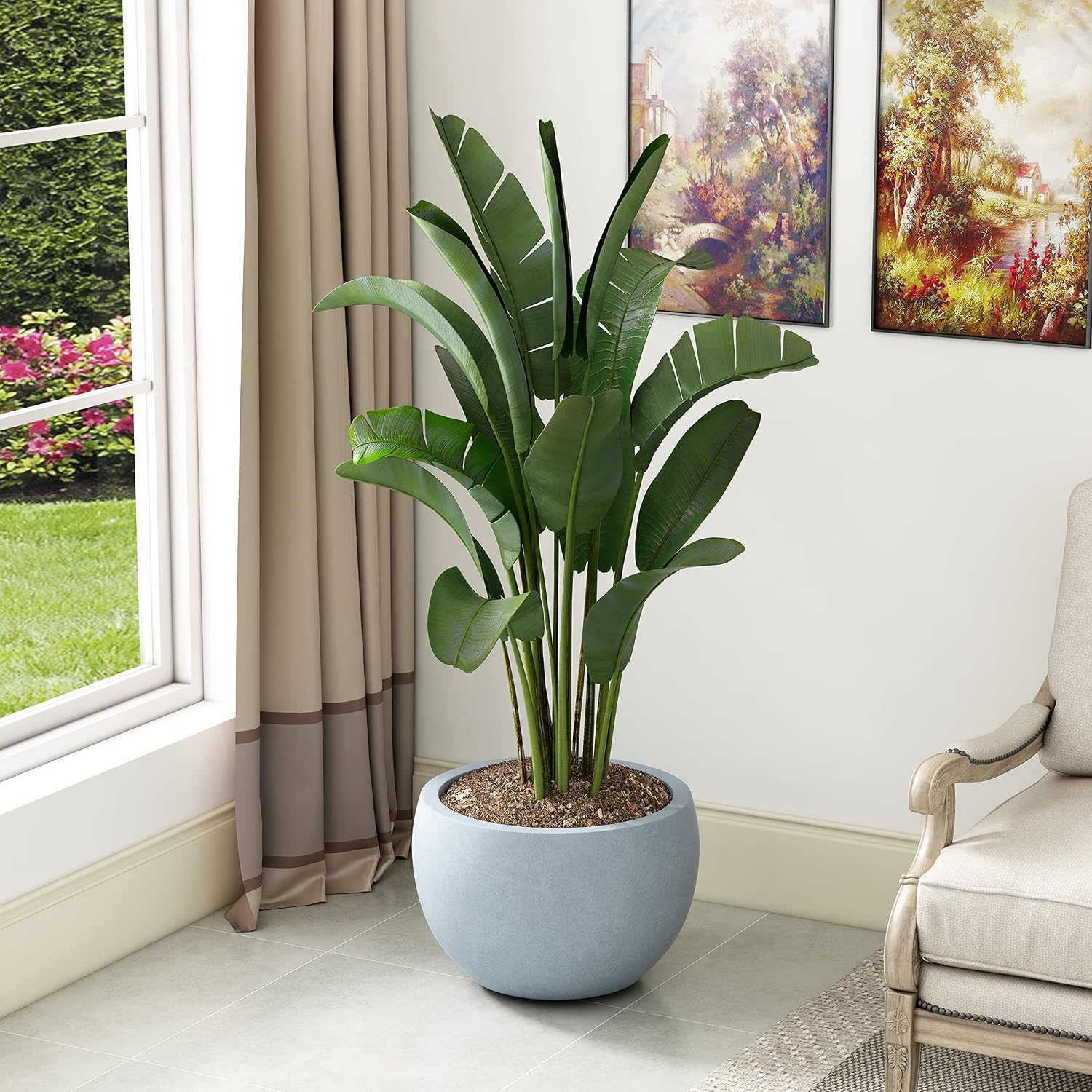 Kante Small Round Bowl Blue Gray Concrete Planter 11.8" Dia, Outdoor | Rubber Plug for Indoor, Drainage for Garden