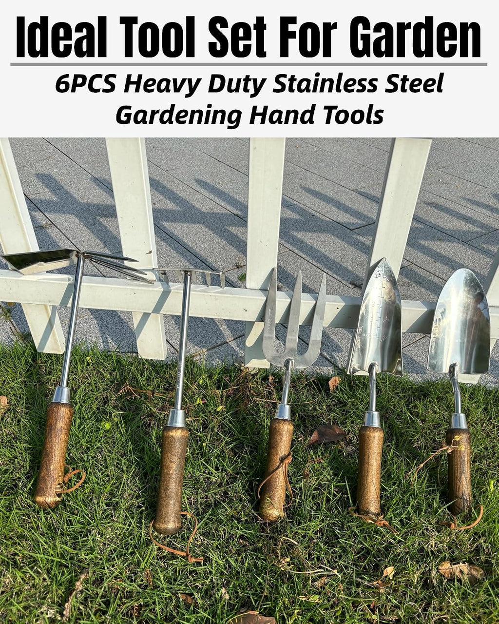 Garden Tool Set, 6PCS Heavy Duty Stainless Steel Gardening Hand Tools with Ropes, Includes Hand Cultivator Shovel
