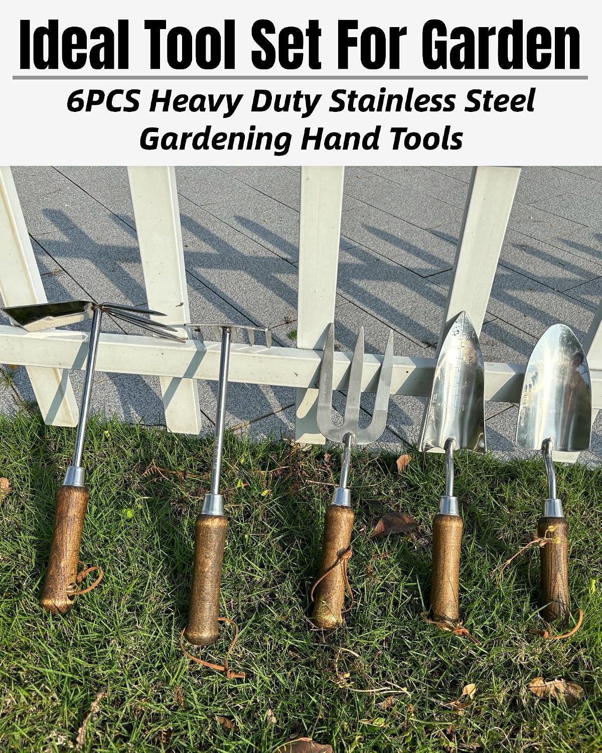Garden Tool Set, 6PCS Heavy Duty Stainless Steel Gardening Hand Tools with Ropes, Includes Hand Cultivator Shovel