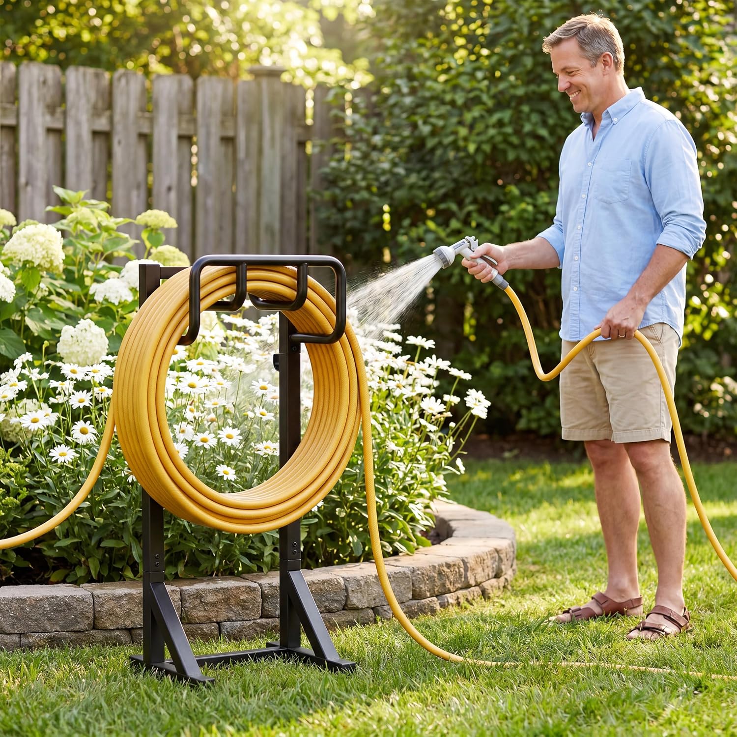 Garden Hose Holder Stand, Freestanding Heavy Duty Metal Hose Holder with Stable Base and Tool Hooks, Rustproof Water