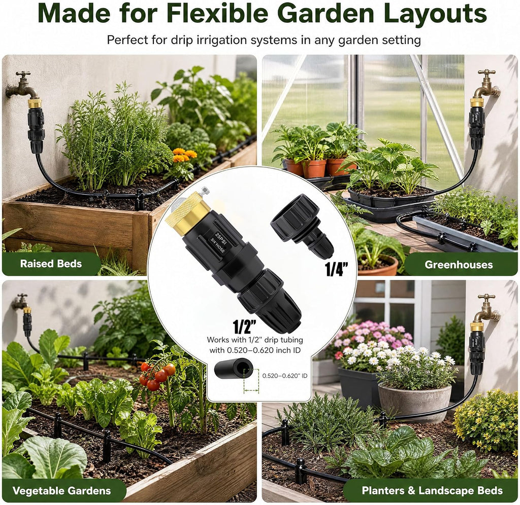 Drip Irrigation Faucet Adapter, 25 PSI, 1/2 and 1/4 in, 2-Pack | Two preassembled 3/4 in GHT units with 150 mesh