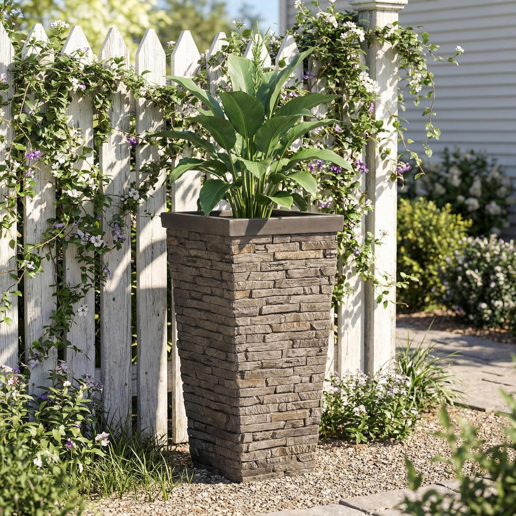 Christopher Knight Home Tall Square Planter Pot with Stone Effect Texture, MGO Outdoor Indoor Planter with Drainage