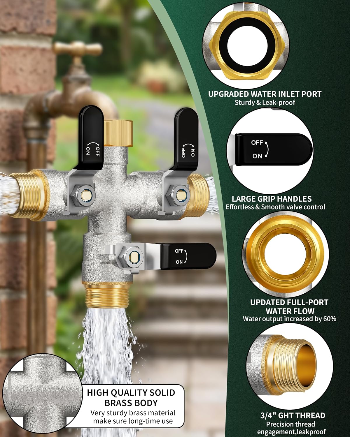 3 Way Hose Splitter, Heavy Duty Brass Garden Water Hose Splitter | Full Flow Design, Rust-Resistant Nickel-Plated