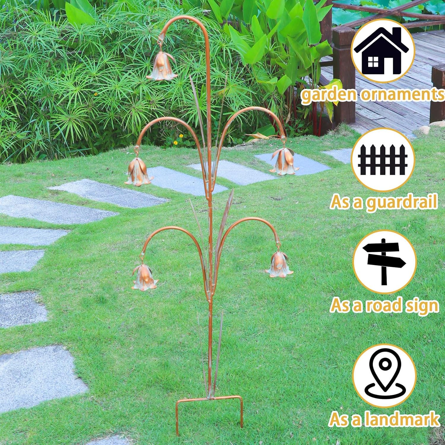 Metal Flowers with Bells for Outside Garden art, Decorative Garden Stakes | 41" H Outdoor Decoration for Patio Garden
