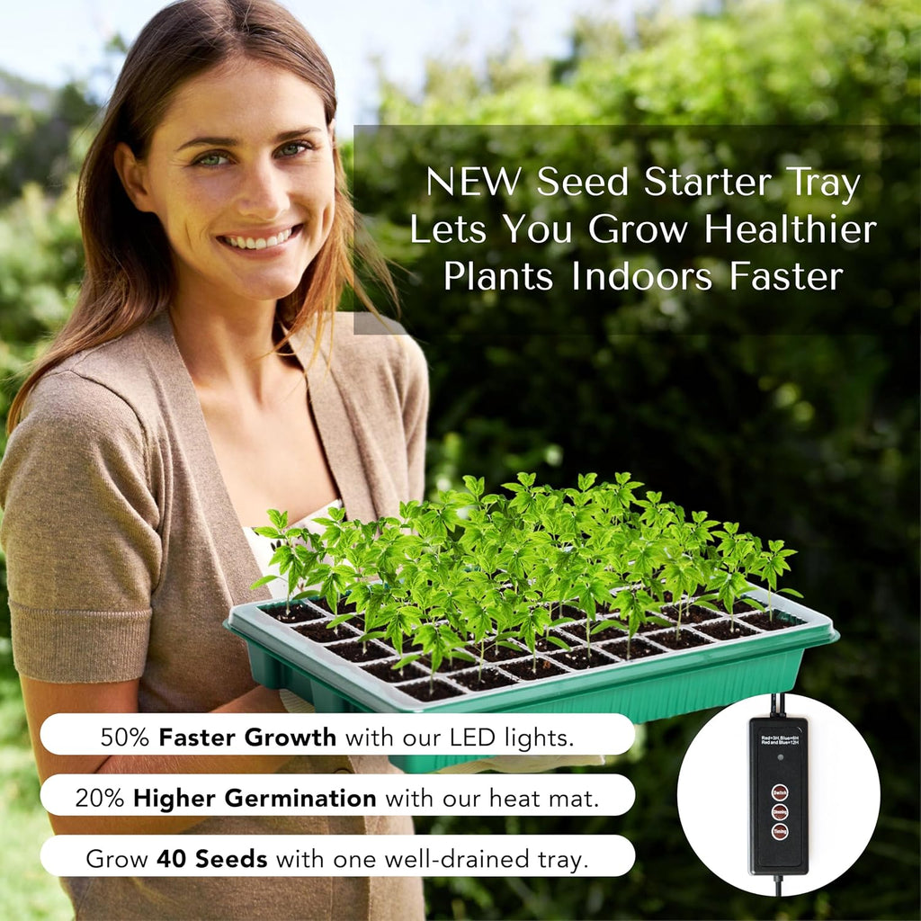 Seed Starter Kit with Grow Lights & Heat Mat – 40-Cell Seed Starter Tray, Humidity Dome, Soil Moisture Meter & Sticky
