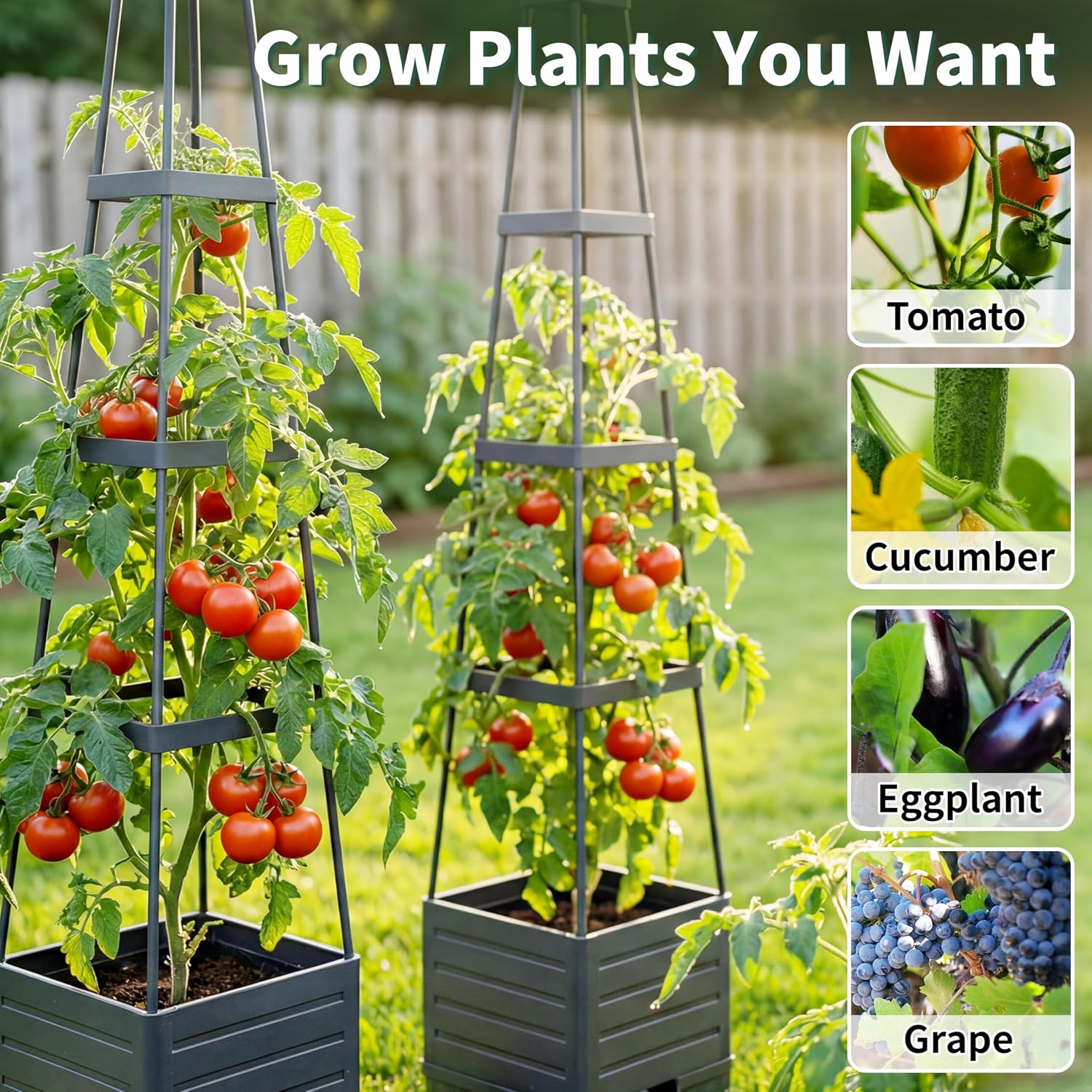 Tomato Planter with Trellis, 57 Inch Self-Watering Planter Box 2-Pack, Grey Planter with Metal Support for Outdoor