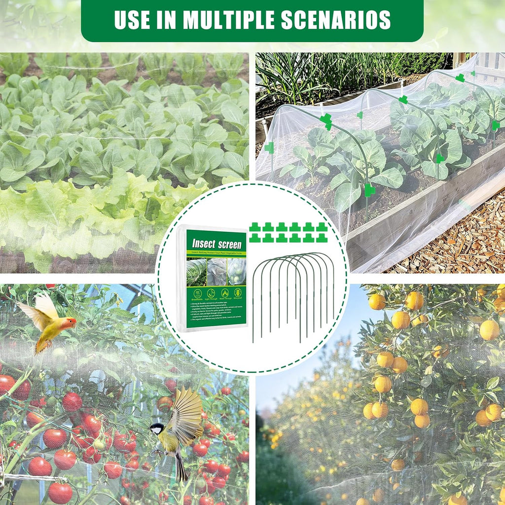 10 X 33 FT Garden Mesh Netting Kit Pest Barrier for Raised Beds with Hoops | Fruit Tree Netting with 6 Sets Garden