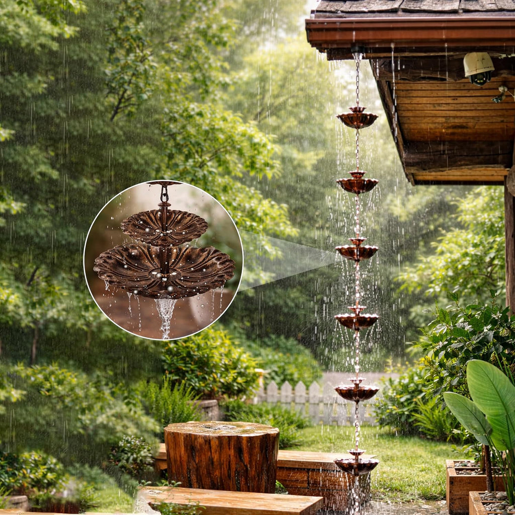 8.5FT Fountain Iron Rain Chain for Gutters and Rain Barrel+Adapter, Bronze | Rain Chains for Downspout, Rust-Prevent