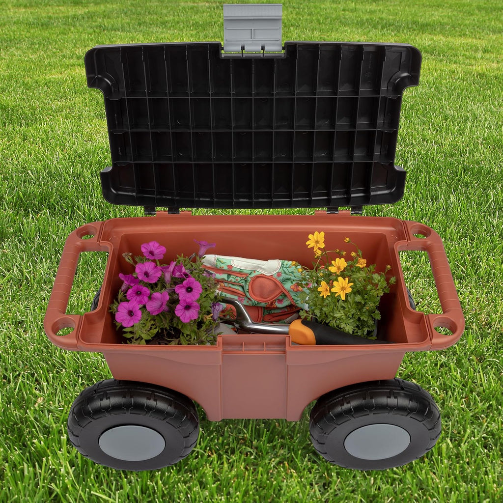 Pure Garden Rolling Garden Cart with Seat, Terracotta | Plastic Garden Bench with Tool Tray for Storage - Gardening