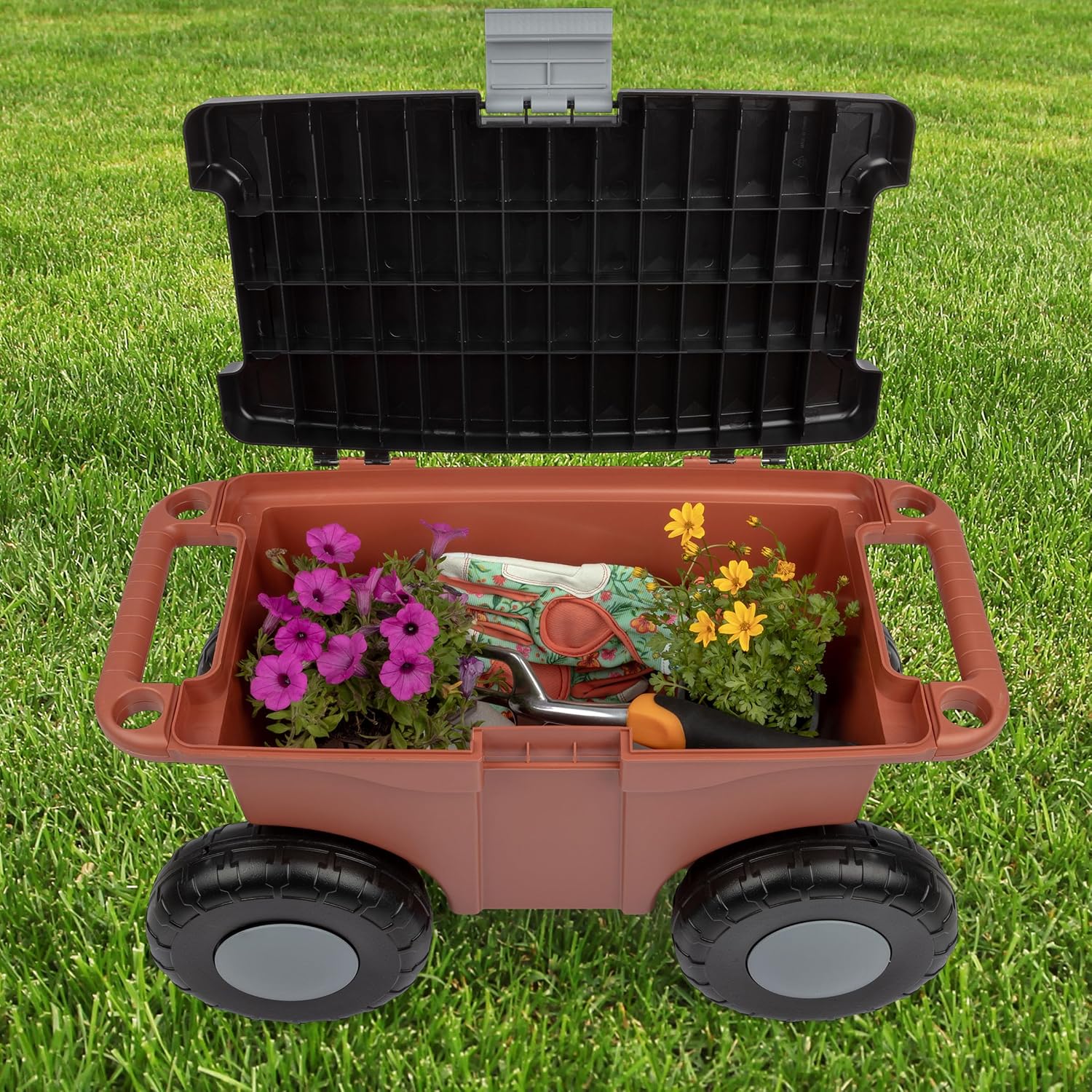 Pure Garden Rolling Garden Cart with Seat, Terracotta | Plastic Garden Bench with Tool Tray for Storage - Gardening