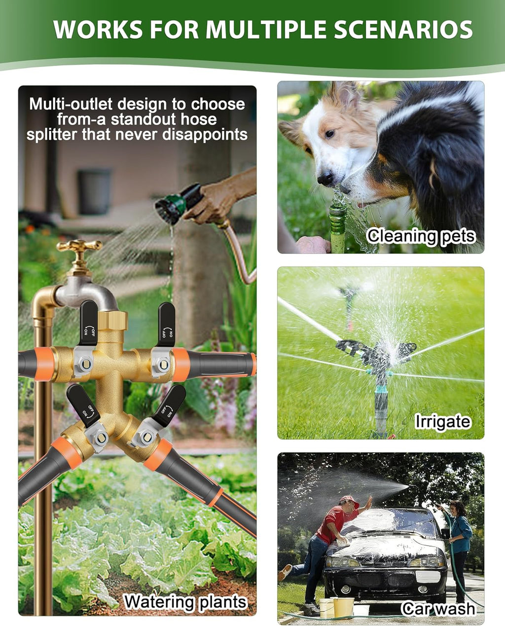 4 Way Hose Splitter, Heavy Duty Brass Garden Hose Splitter, Water Hose Bib Spigot Splitter with 0.59" Full Flow Ball