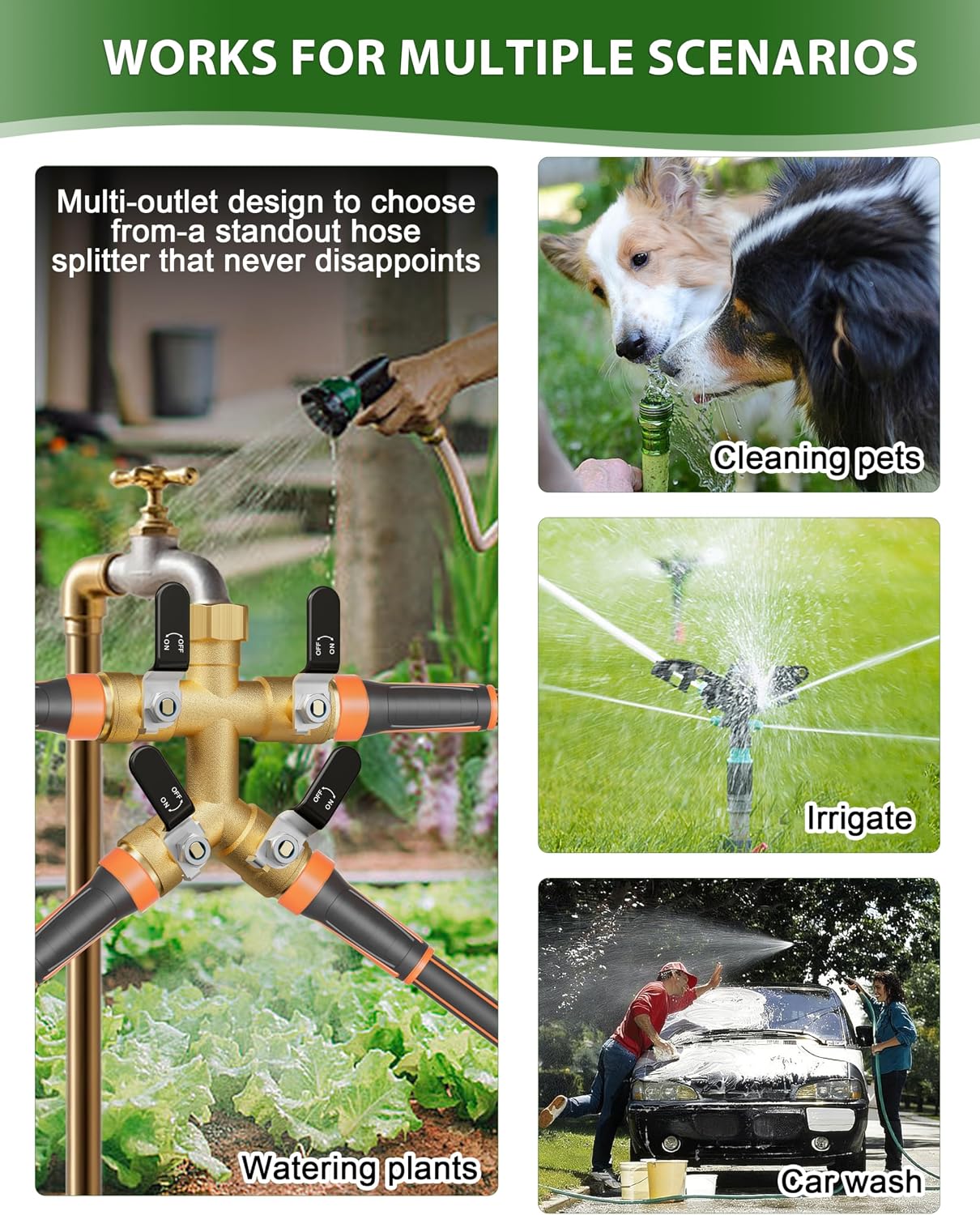 4 Way Hose Splitter, Heavy Duty Brass Garden Hose Splitter, Water Hose Bib Spigot Splitter with 0.59" Full Flow Ball
