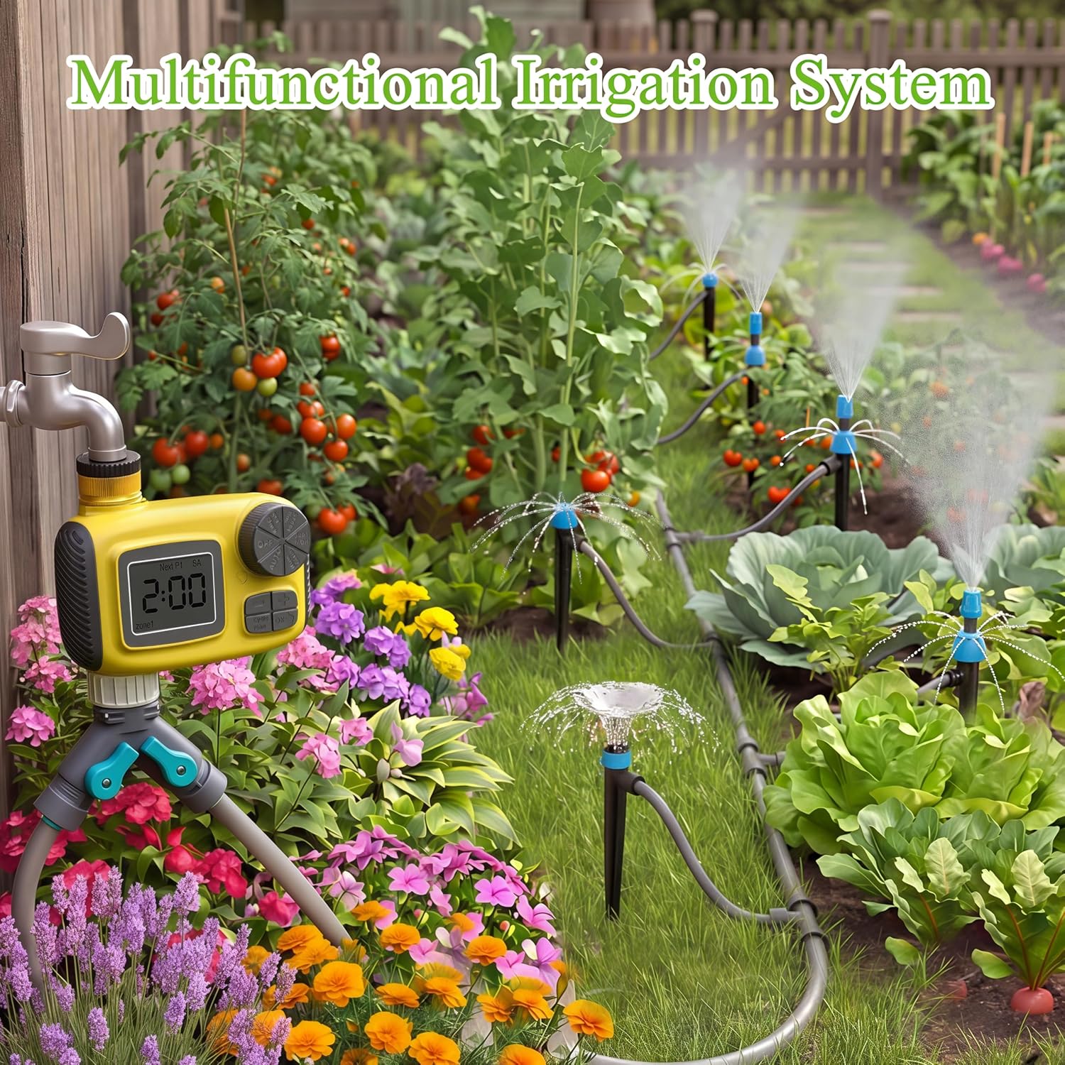 100FT Drip Irrigation System Kit with Water Timer for Garden | 1/2" High-Flow Mainline Auto Irrigation System, 16pcs