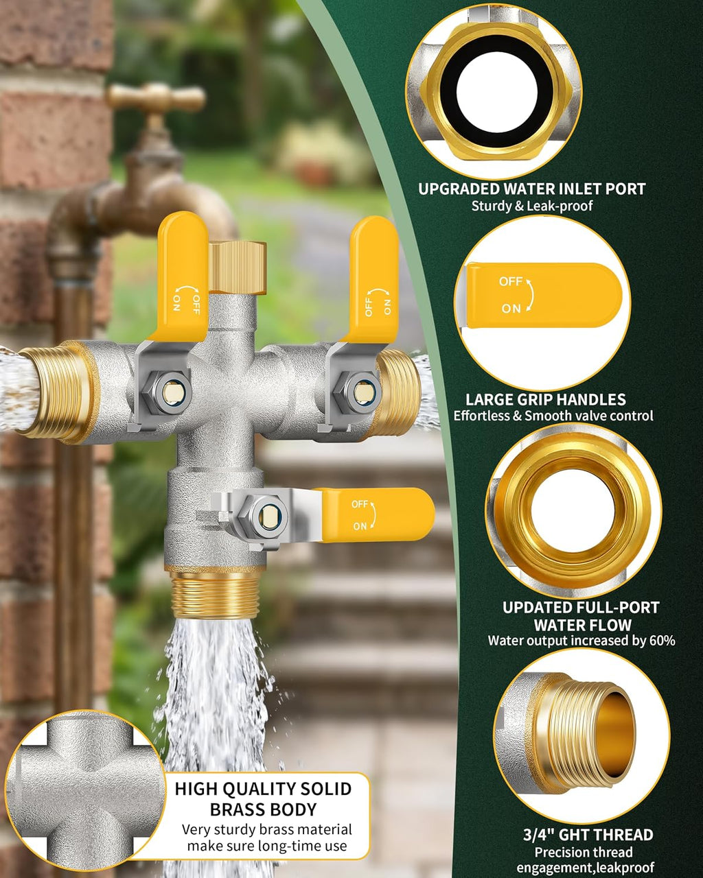 3 Way Hose Splitter, Heavy Duty Brass Garden Water Hose Splitter | Full Flow Design, Rust-Resistant Nickel-Plated