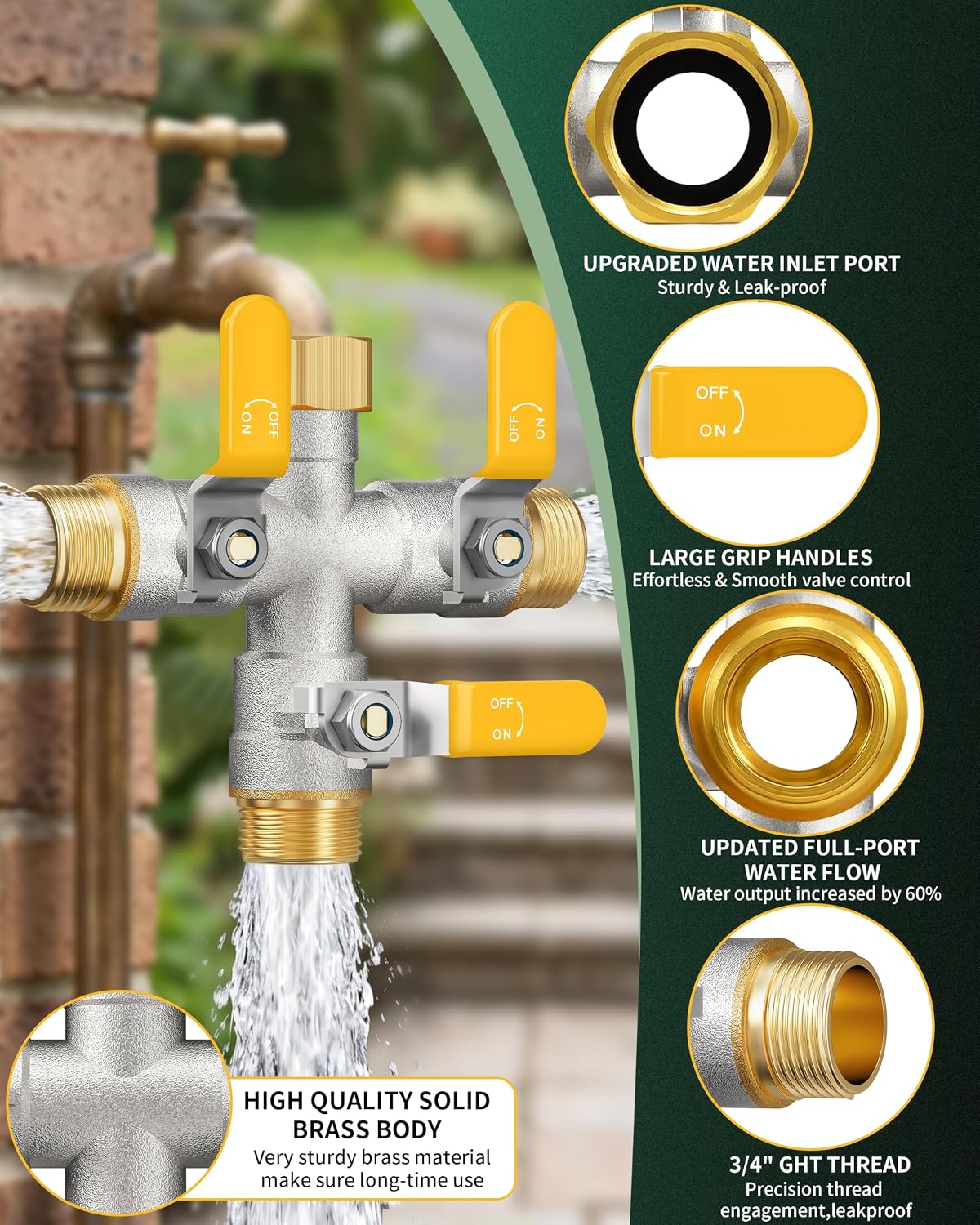 3 Way Hose Splitter, Heavy Duty Brass Garden Water Hose Splitter | Full Flow Design, Rust-Resistant Nickel-Plated