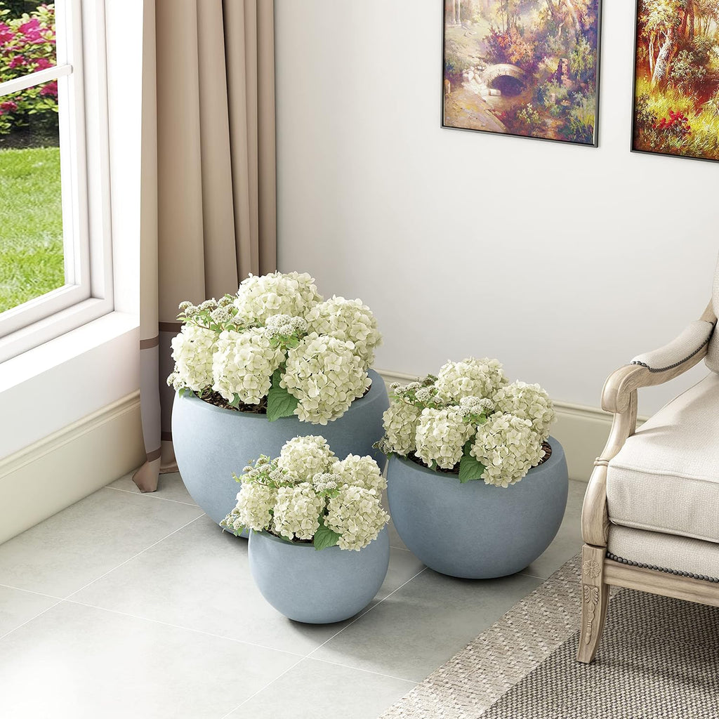 Kante Set of 3 Blue Gray Concrete Bowl Round Planters for Modern Home | Handcrafted, Premium, Durable, All-Weather